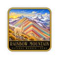 Rainbow Mountain kiss-cut vinyl sticker featuring alpaca over colorful mountain bands and Peru text.