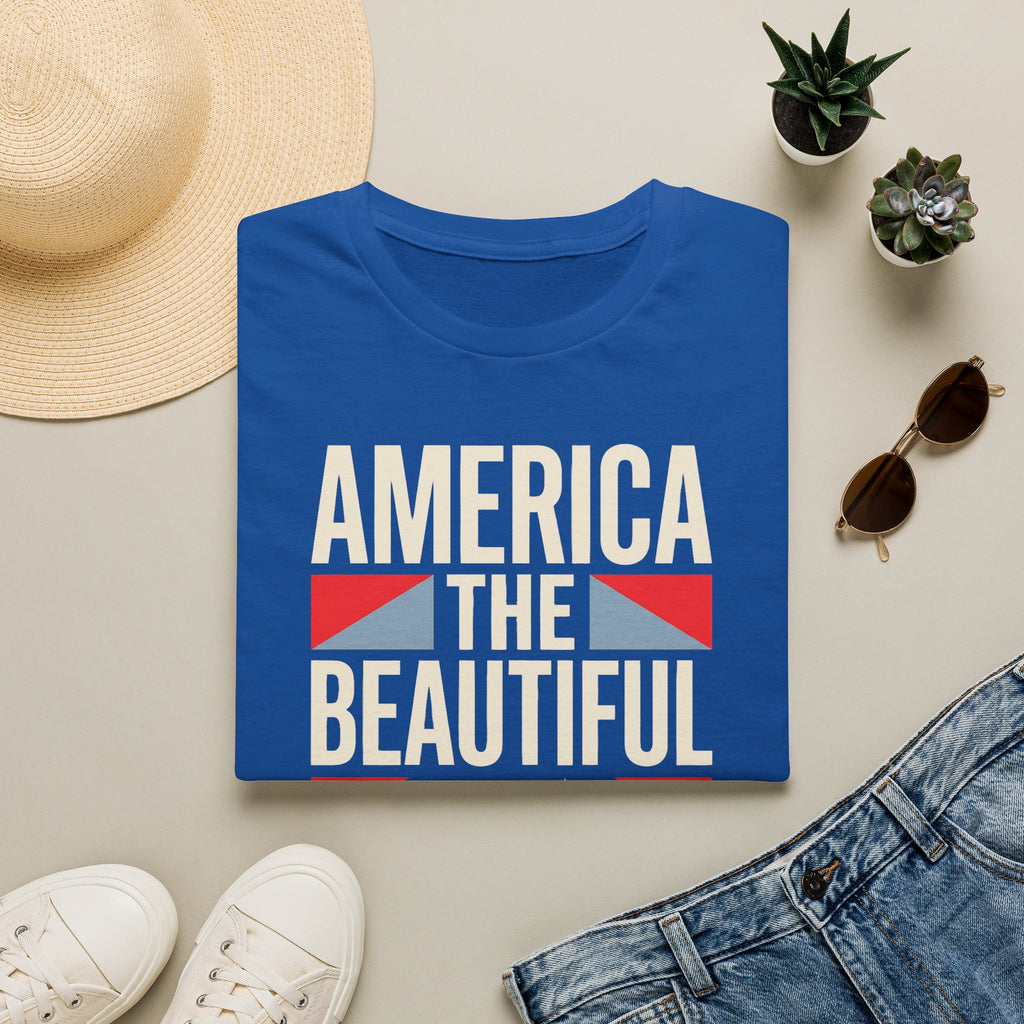 Royal blue T-shirt with 'AMERICA THE BEAUTIFUL' patriotic flag graphic