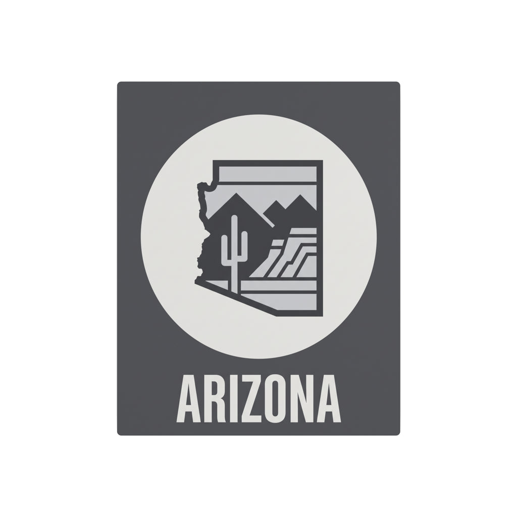 Dark gray square metal wall art with white circle and Arizona cactus desert silhouette, “ARIZONA”