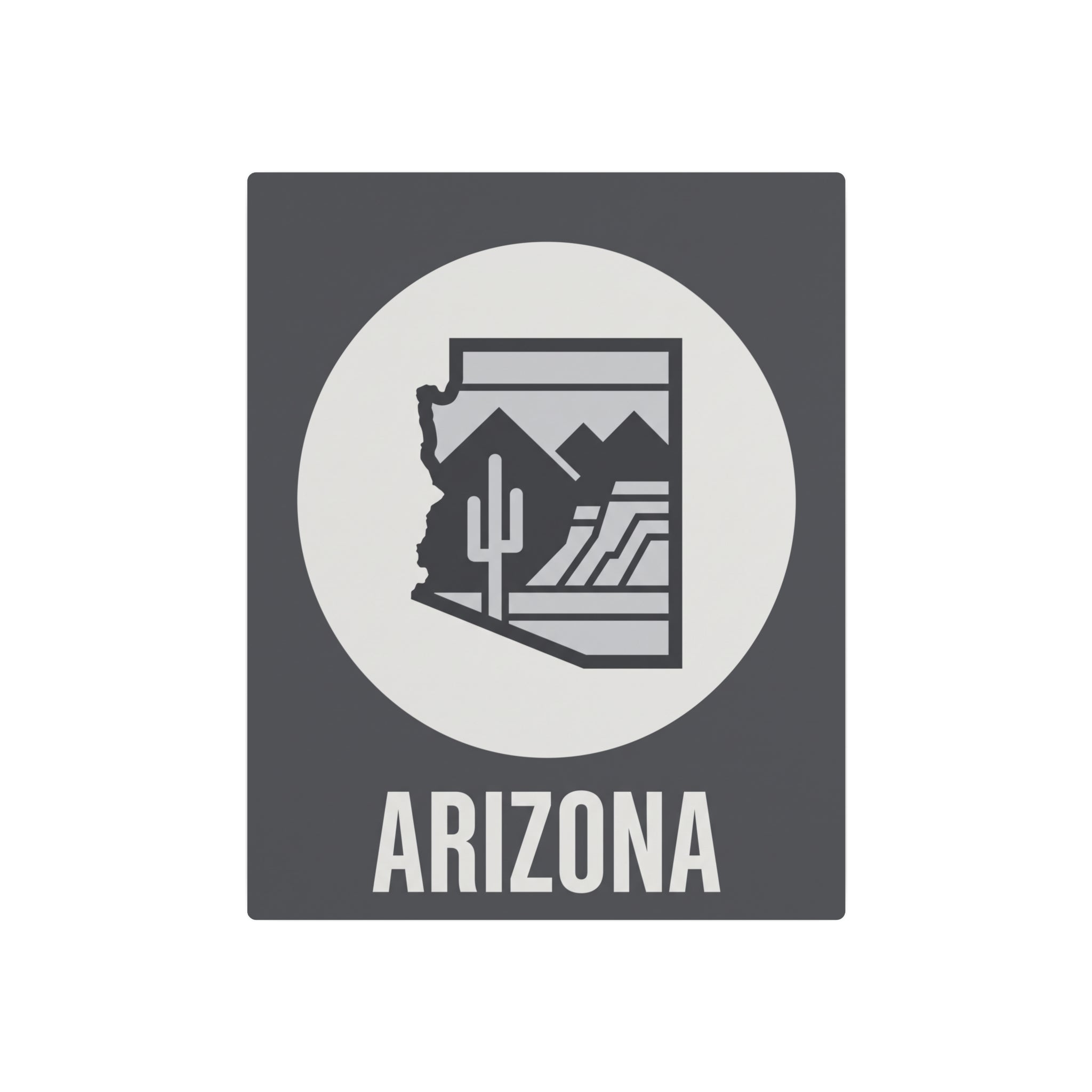 Dark gray square metal wall art with white circle and Arizona cactus desert silhouette, “ARIZONA”