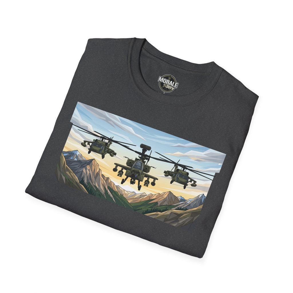 Dark heather Attack Helicopters over mountain valley graphic T-shirt, front print