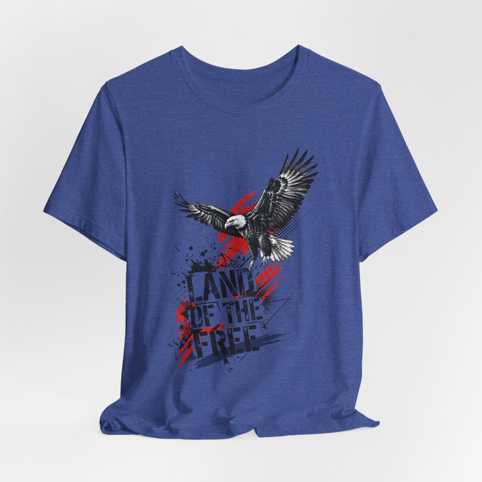 Blue eagle graphic T-shirt with distressed stars, red stripes, and 'LAND OF THE FREE' text