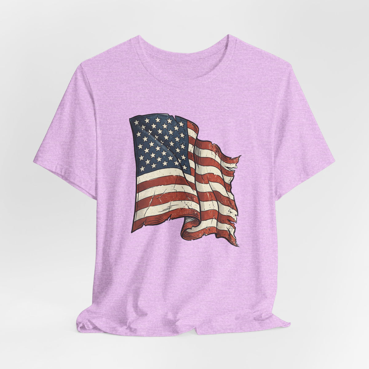 Heather lilac t-shirt with a centered waving American flag graphic