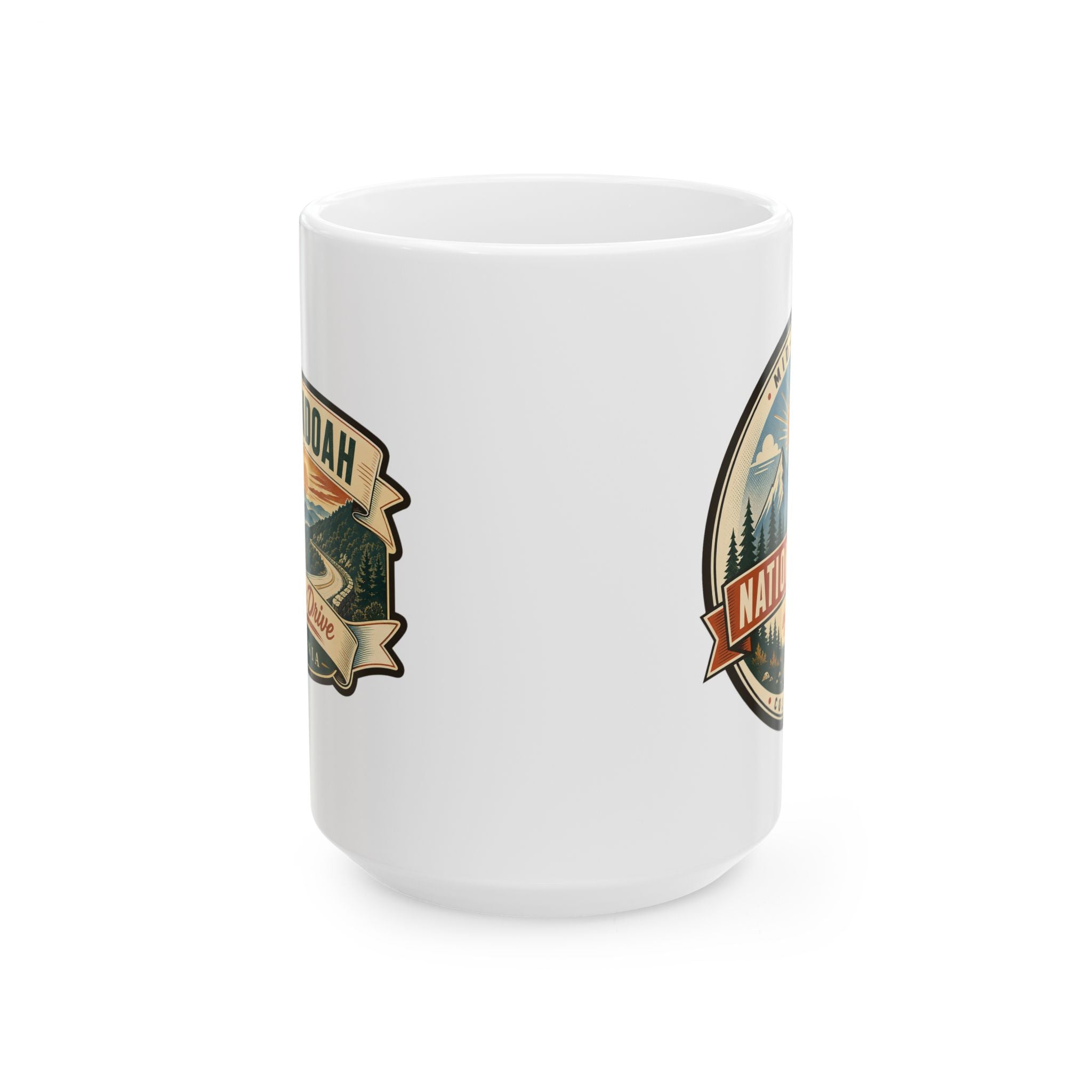White ceramic mug showing National Park badge decals on each side.