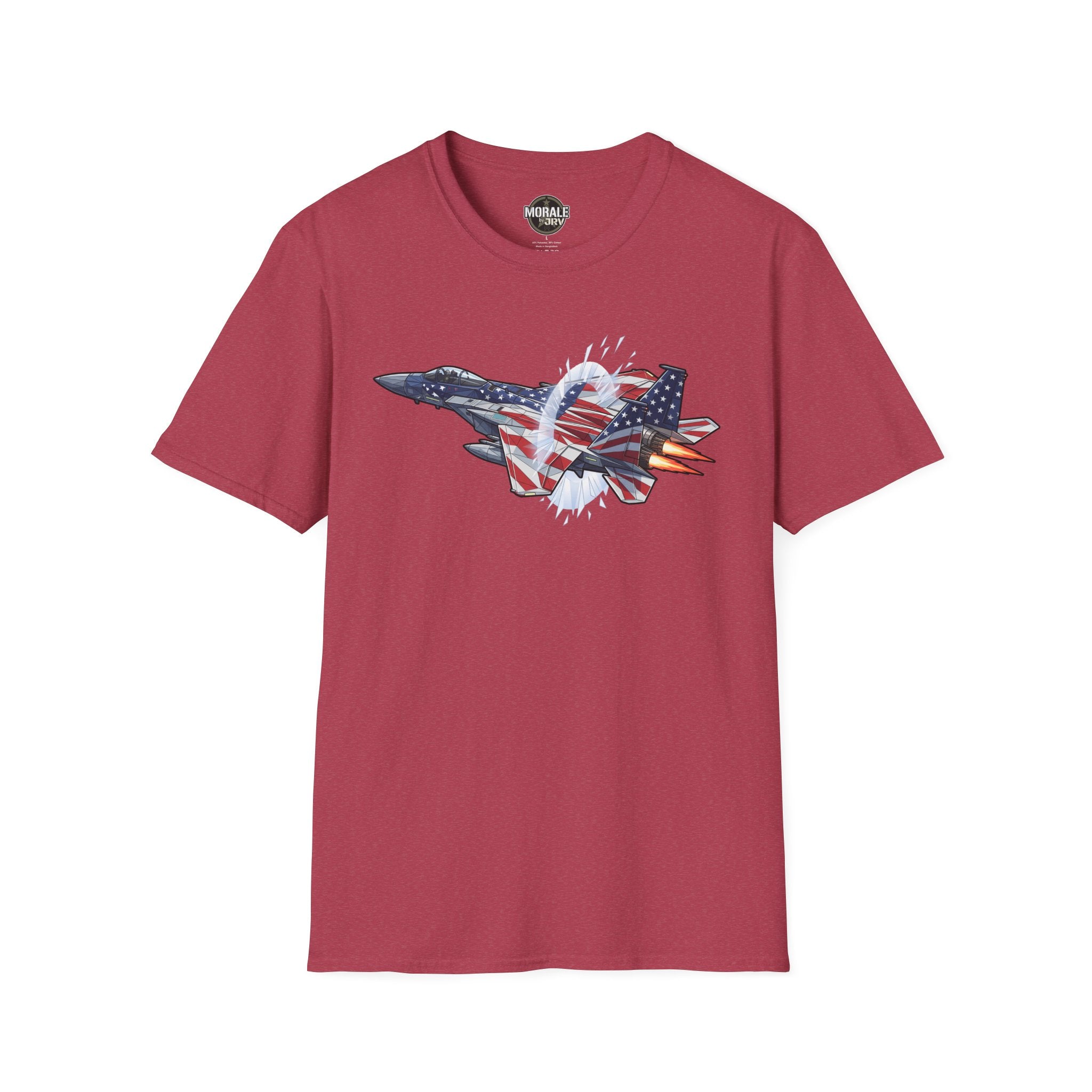Heather cardinal T-shirt with American flag fighter jet graphic