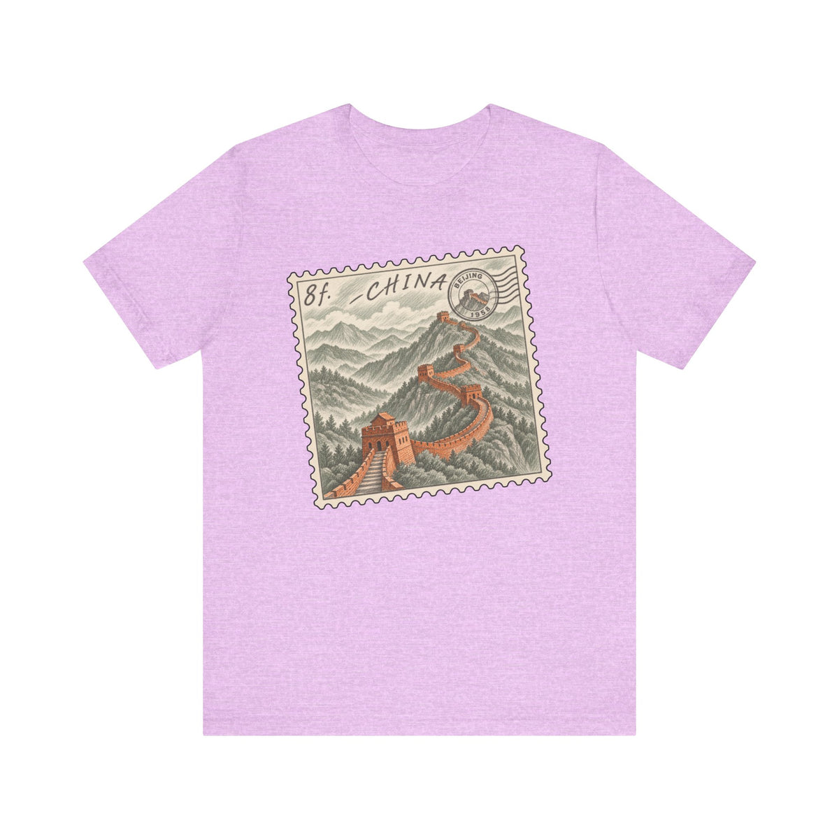Light purple short-sleeve tee with vintage postage stamp graphic of the Great Wall