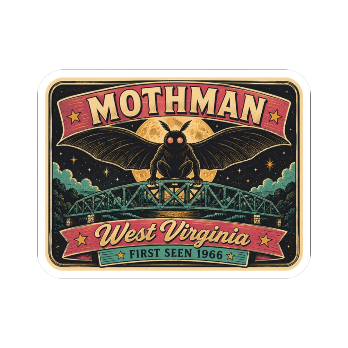 Kiss-cut die-cut sticker showing Mothman over bridge with stars and West Virginia ribbon