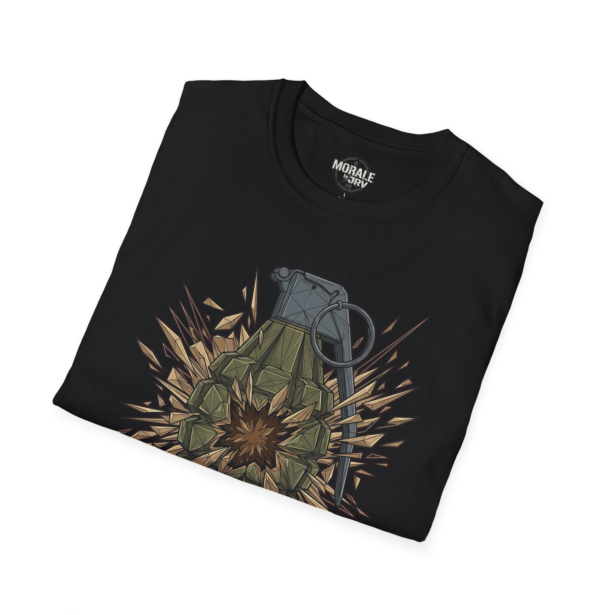 Black tee with large grenade explosion graphic on the front