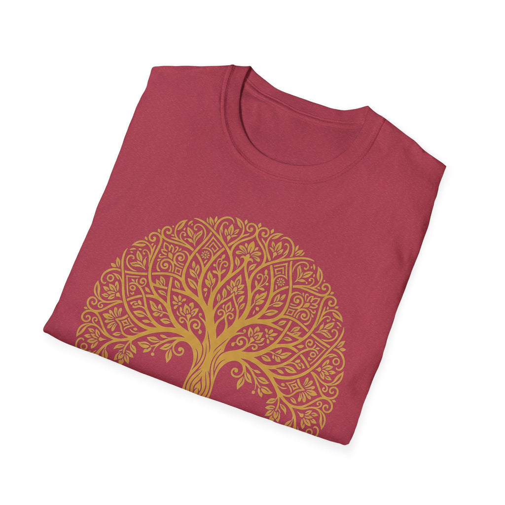 Burgundy T-shirt with gold Tree of Life mandala graphic front
