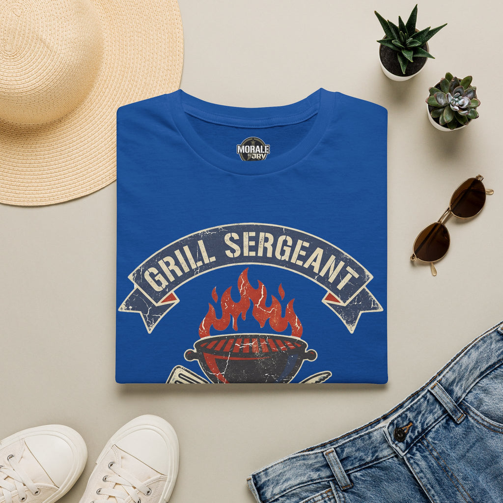 Royal blue crewneck t-shirt with flaming grill and crossed utensils graphic emblem
