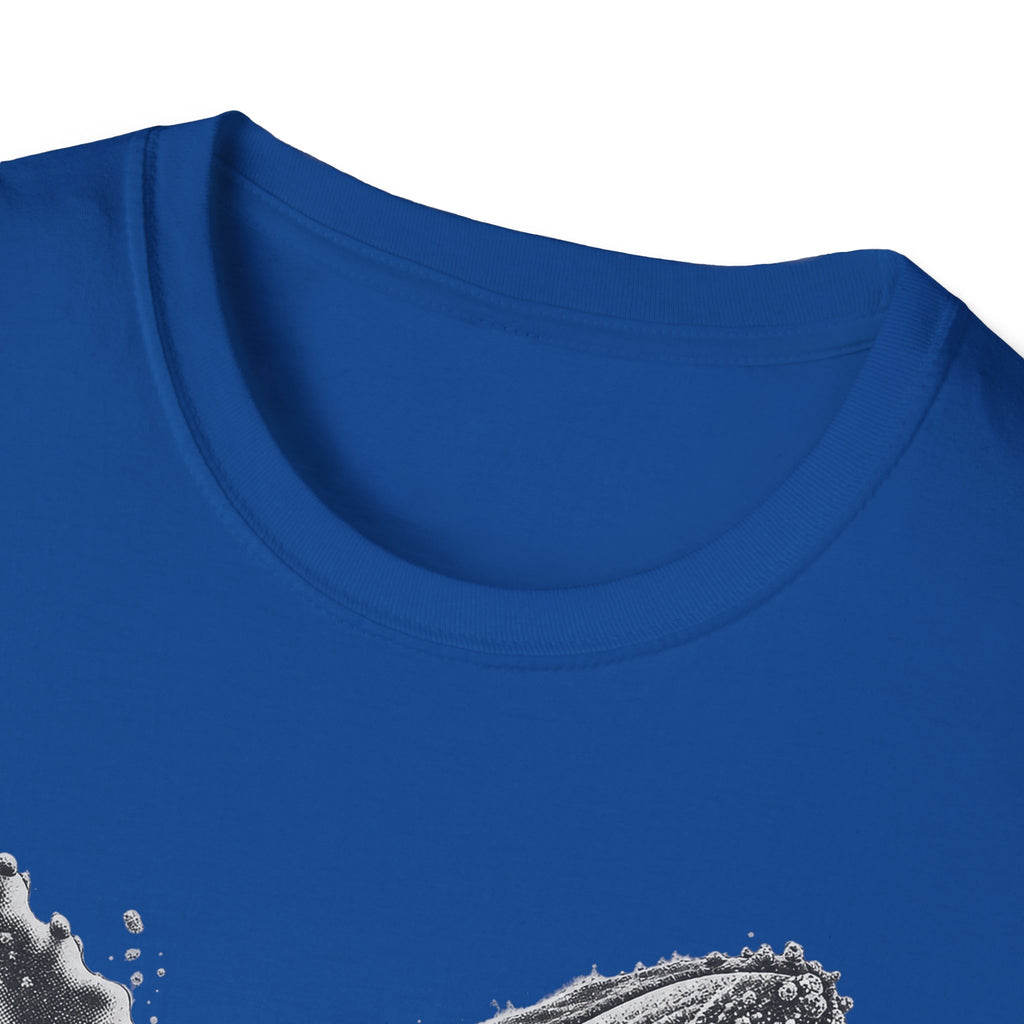 Light blue T-shirt with white whale breaching splash graphic, close view.