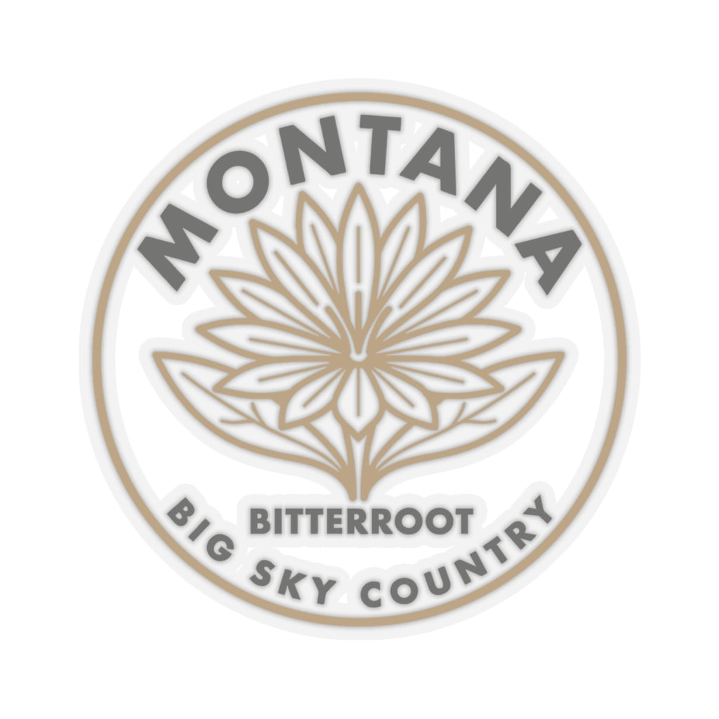 Circular Montana bitterroot sticker featuring “BIG SKY COUNTRY” ring lettering