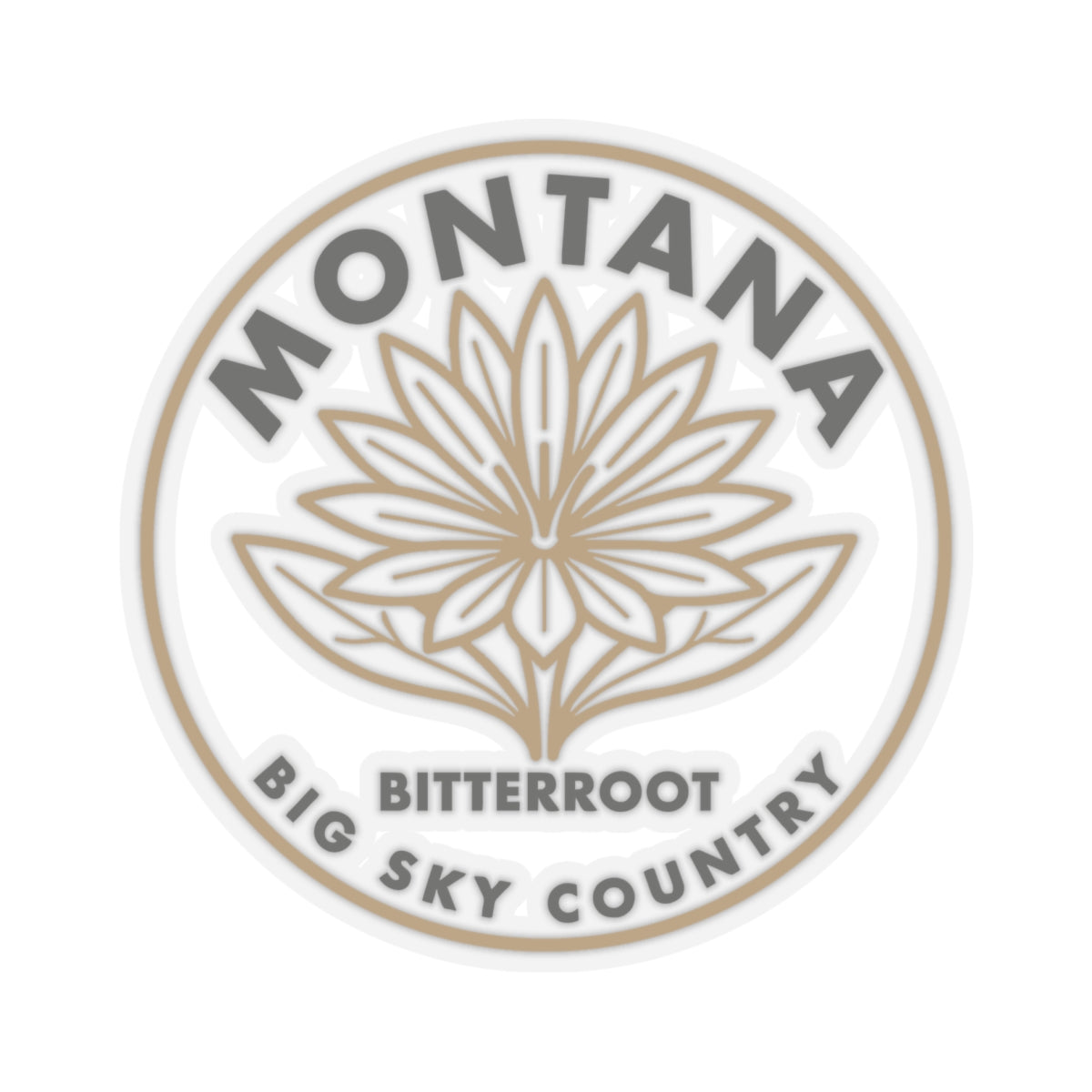 Circular Montana bitterroot sticker featuring “BIG SKY COUNTRY” ring lettering