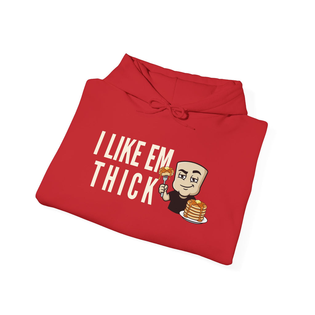 Red pullover hoodie with 'I Like Em Thick' pancake graphic on front