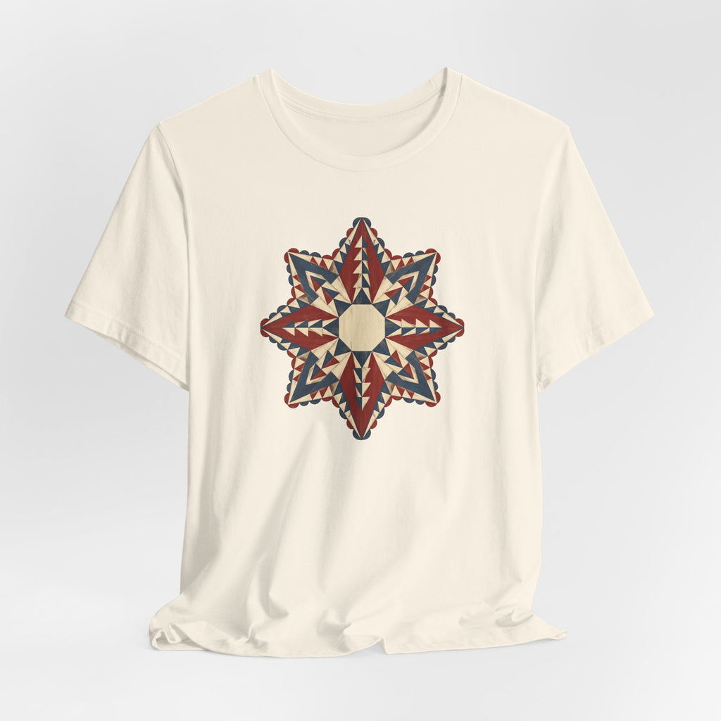 Natural crewneck graphic tee with colorful Southwestern star mandala print at center