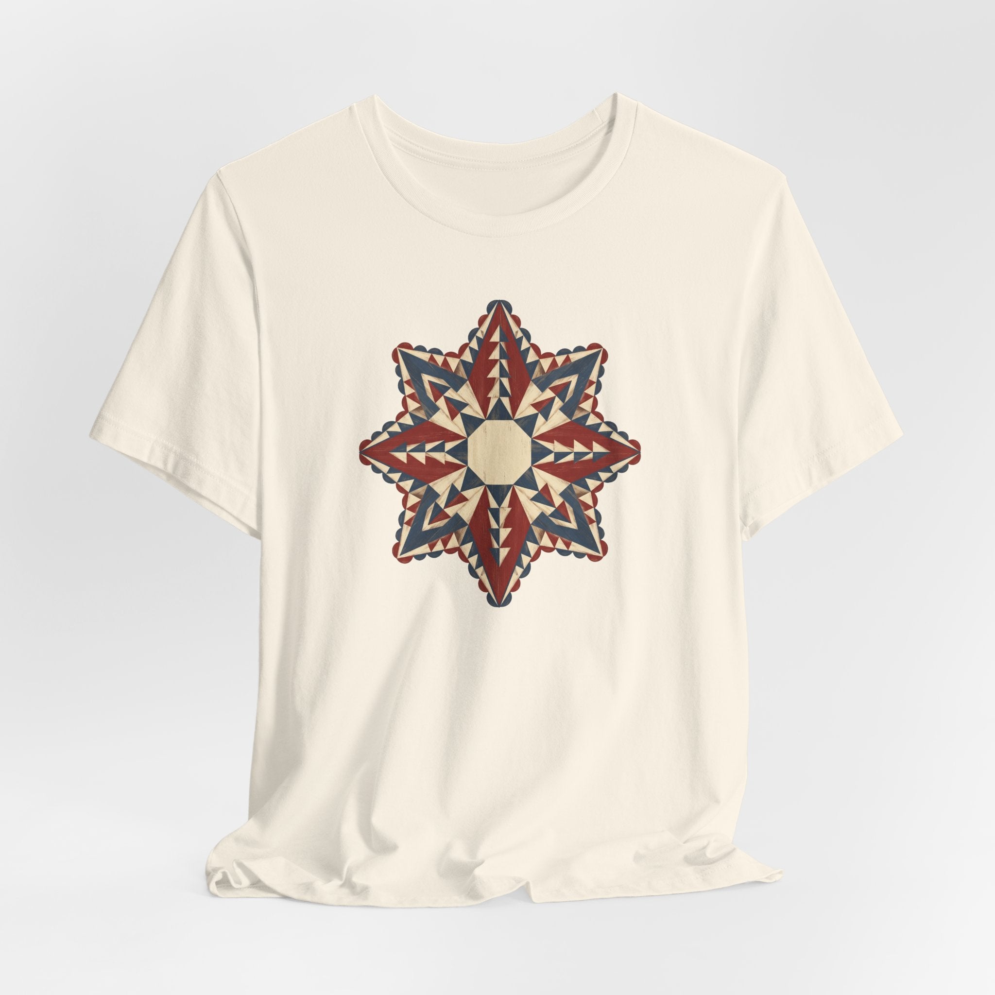 Natural crewneck graphic tee with colorful Southwestern star mandala print at center