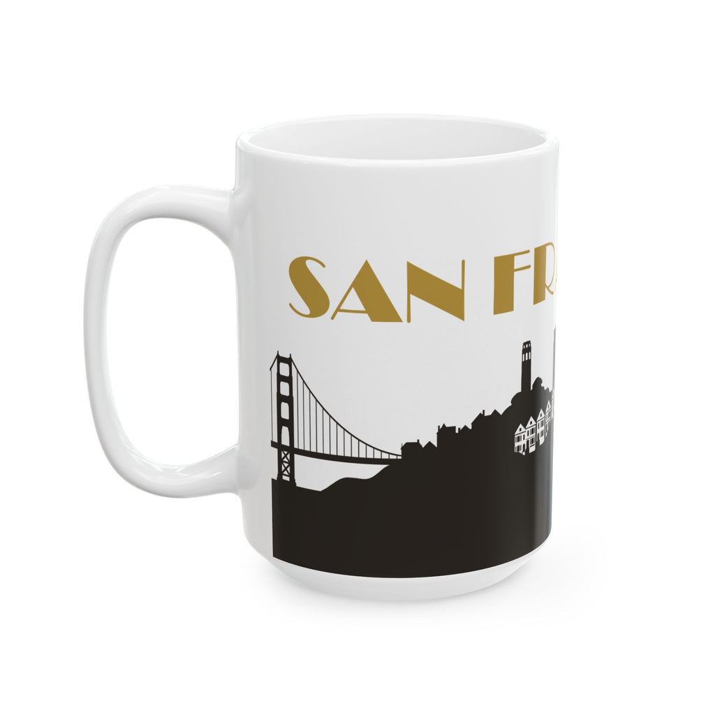 Ceramic mug with Golden Gate Bridge graphic, black base, gold 'SAN FRAN' lettering