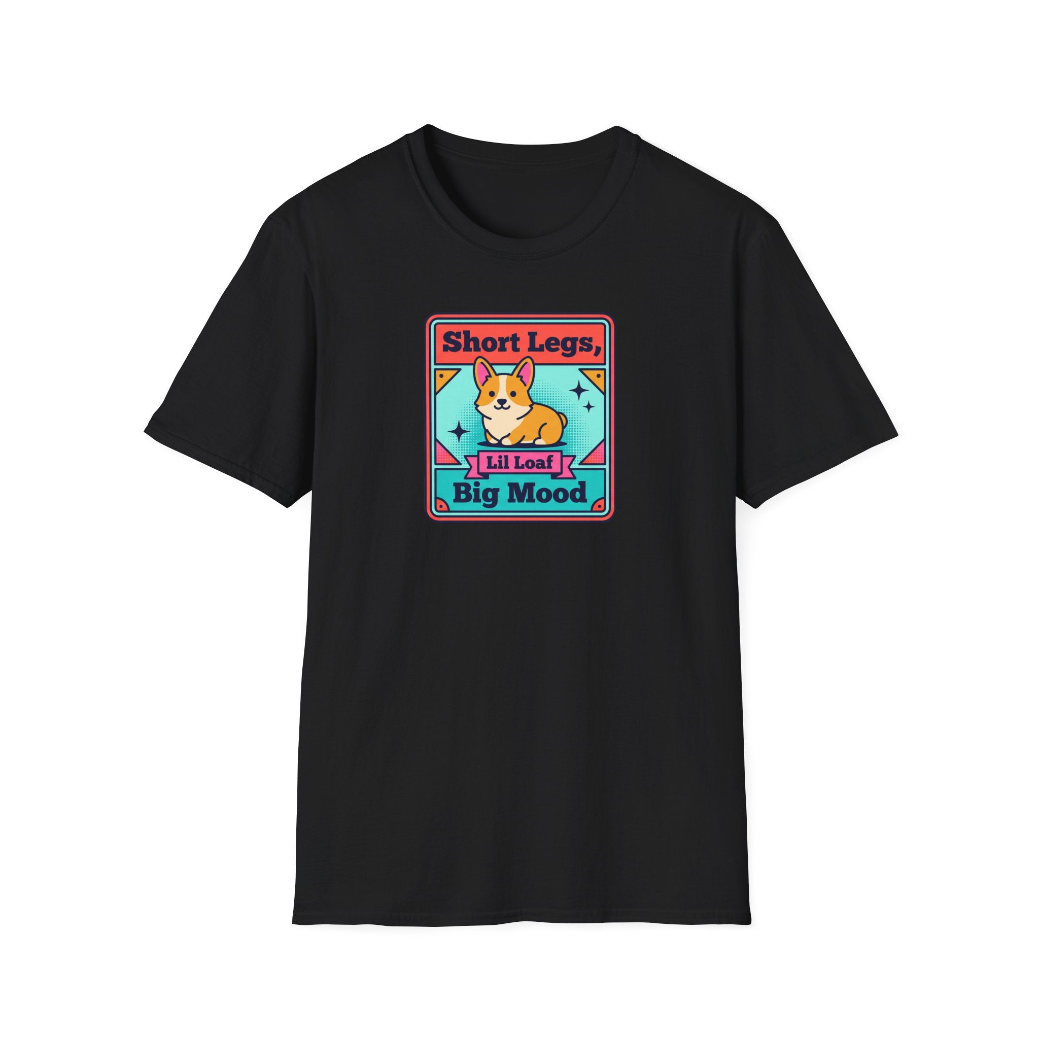 Black short-sleeve T-shirt with centered corgi graphic patch print