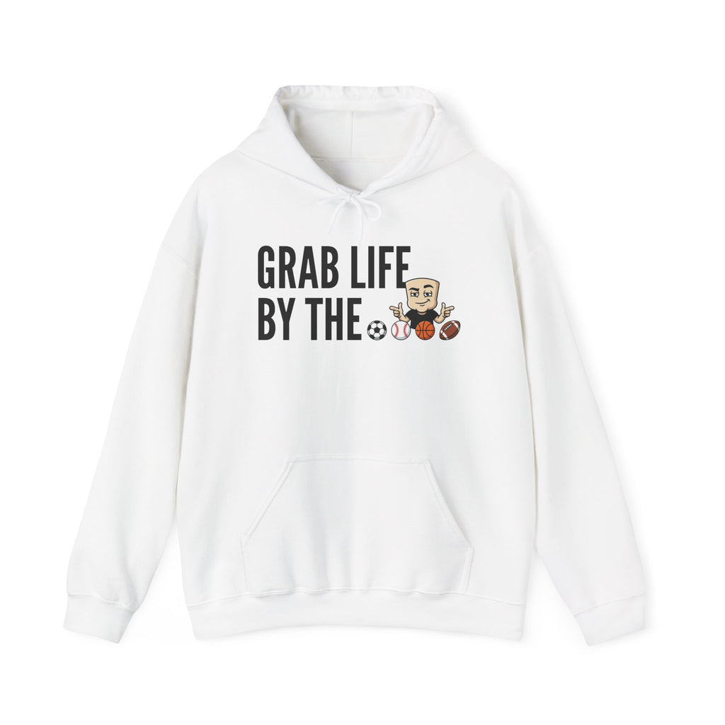 White hoodie with front pocket and drawstring; "GRAB LIFE BY THE" sports graphic
