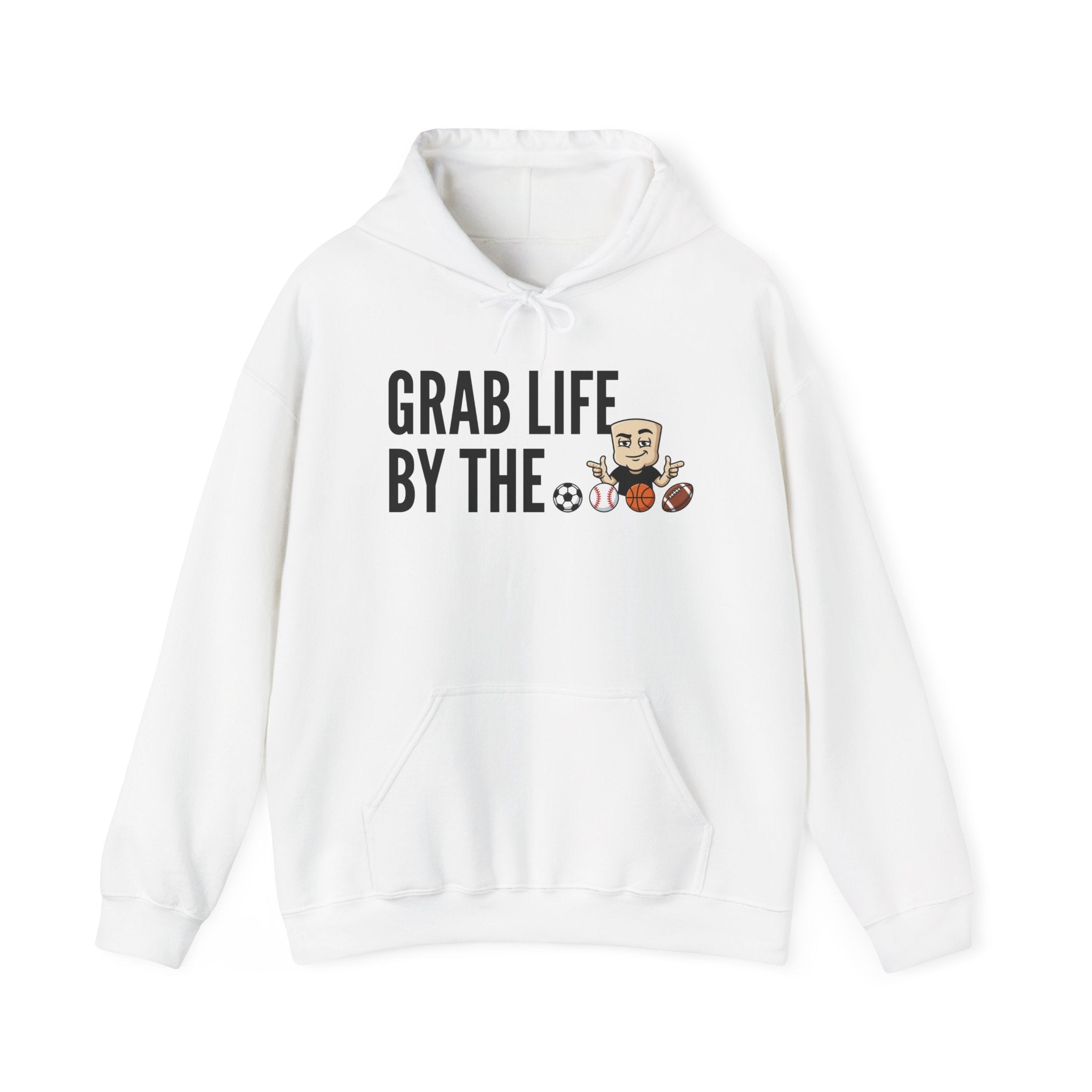 White hoodie with front pocket and drawstring; "GRAB LIFE BY THE" sports graphic