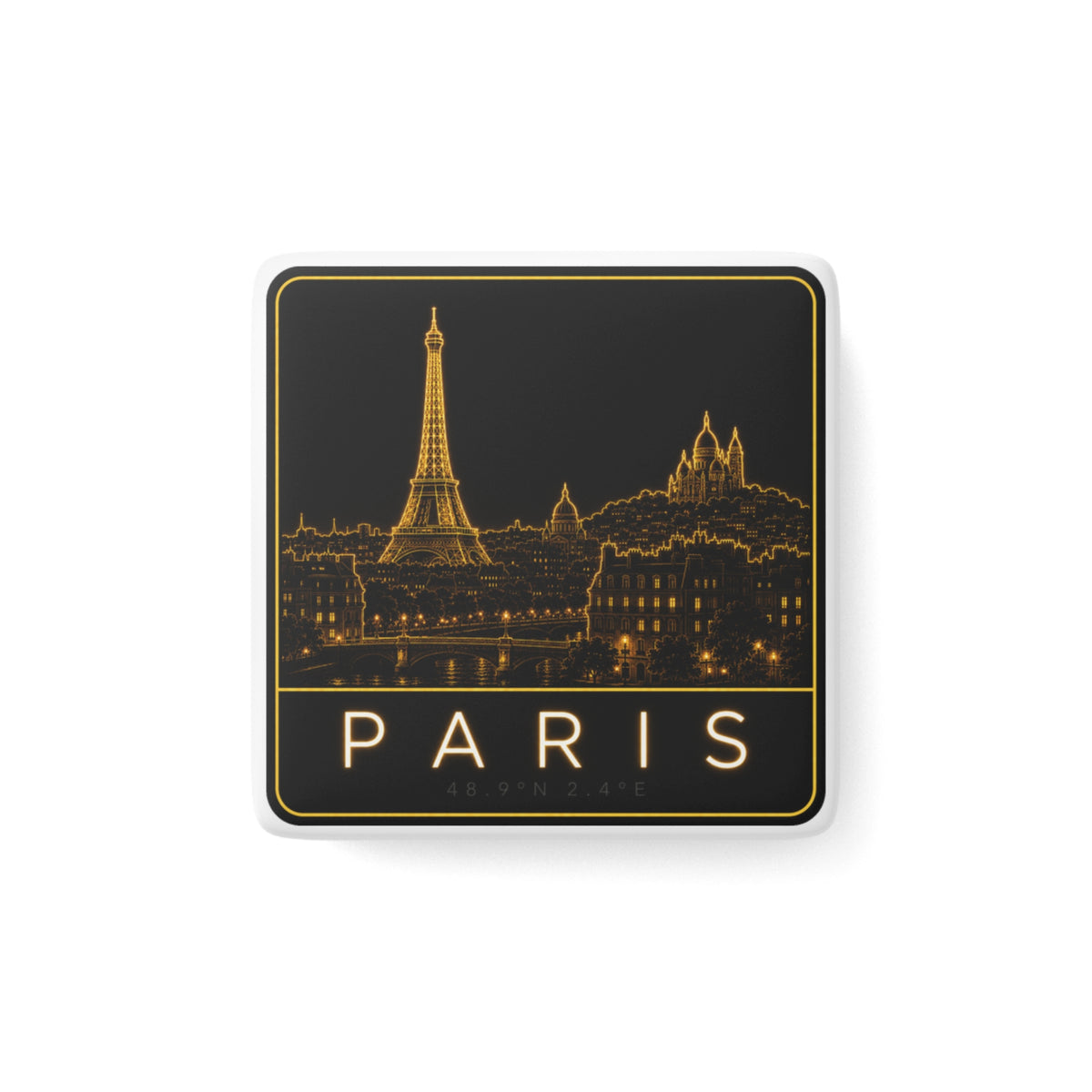 Square porcelain magnet with gold foil Paris skyline and Eiffel Tower, black background