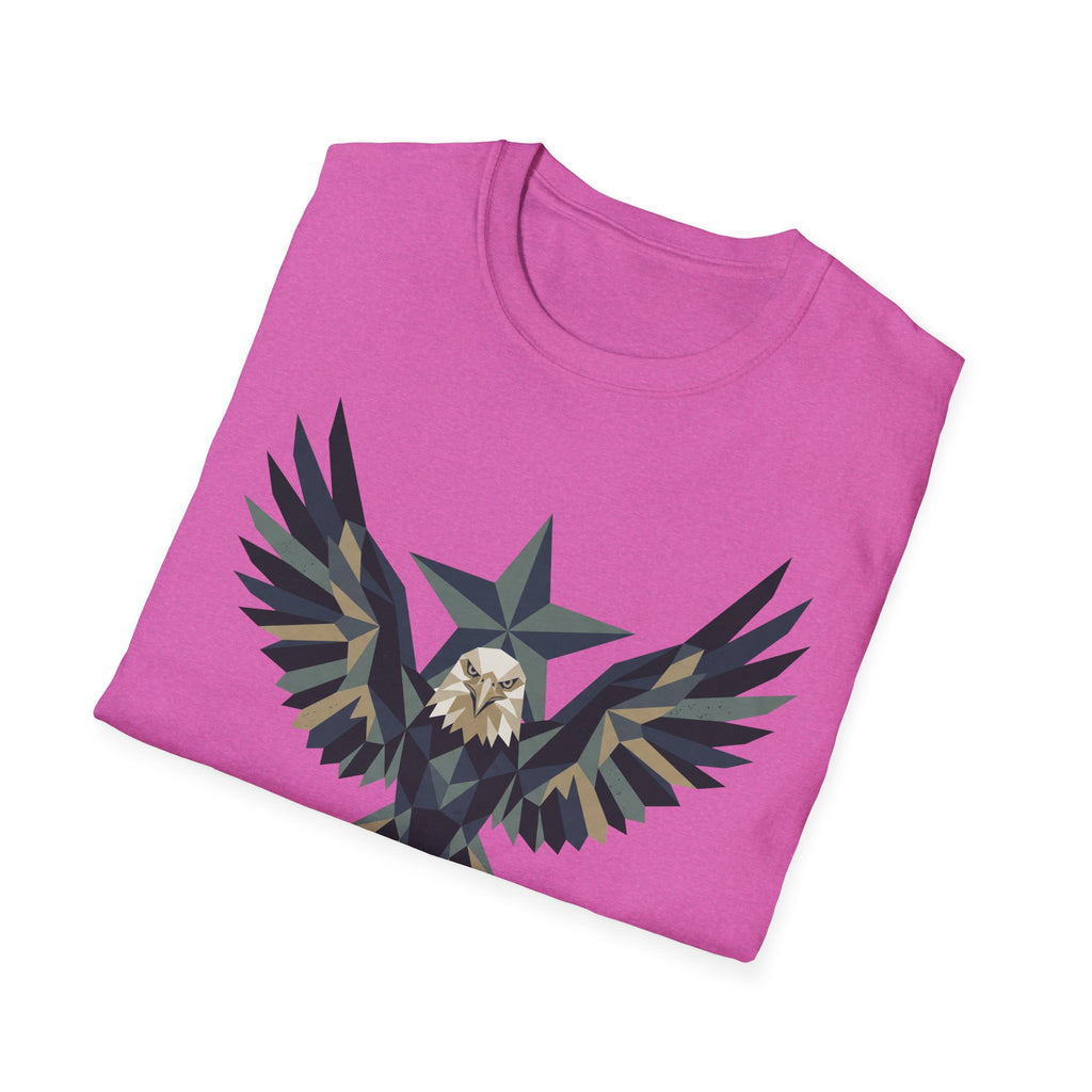 Pink T-shirt with geometric eagle and star graphic across chest