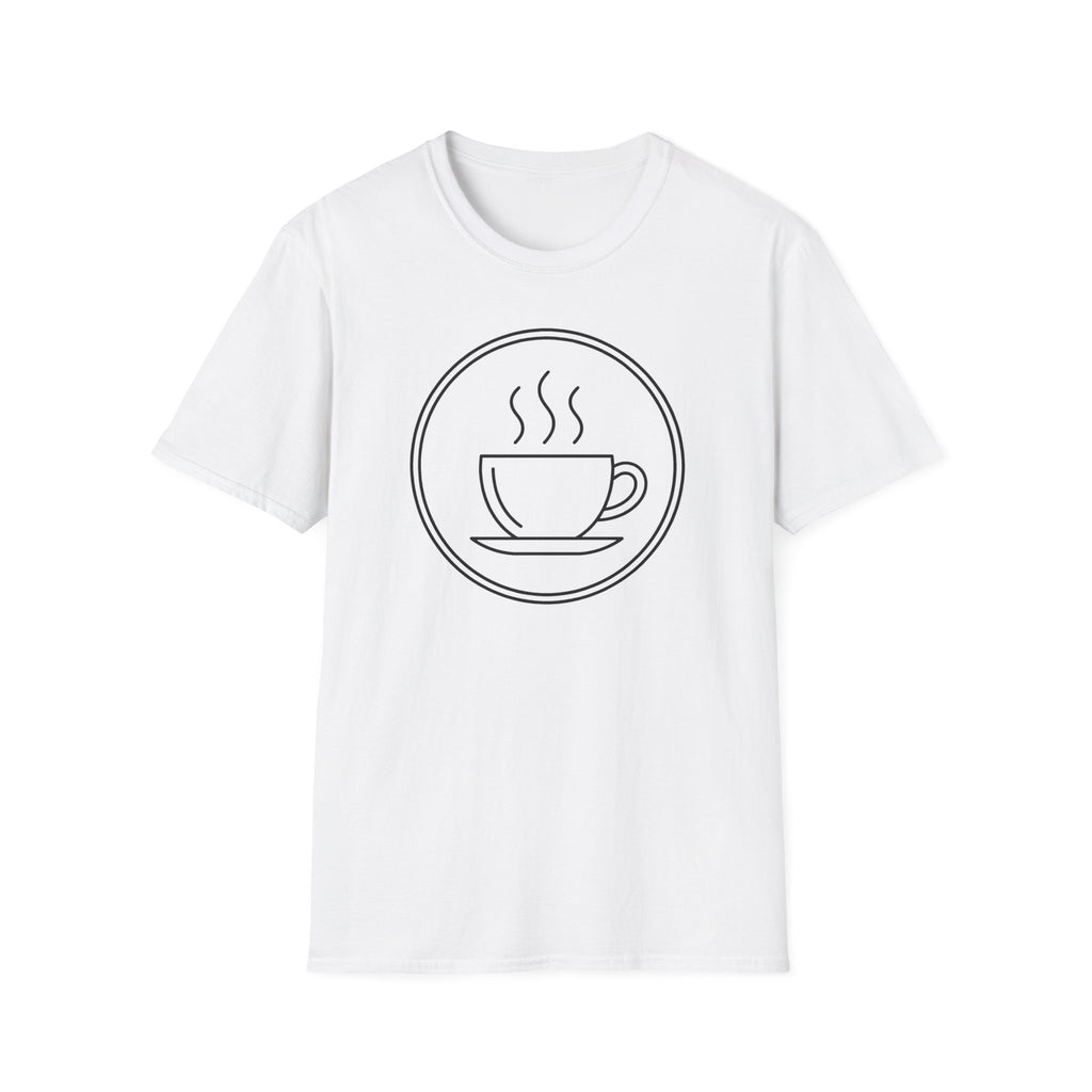 White unisex t-shirt with front graphic of a coffee cup and steam inside a circle