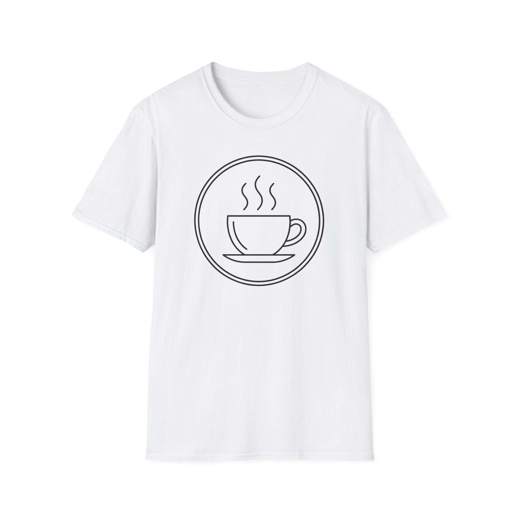 White unisex t-shirt with front graphic of a coffee cup and steam inside a circle