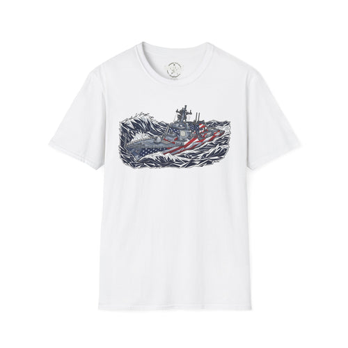 American flag battleship graphic T-shirt, white shirt with navy ship and wave design