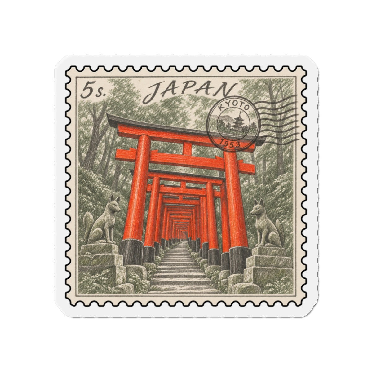 Die-cut stamp magnet featuring red torii gate artwork with “JAPAN” and “KYOTO” stamp text
