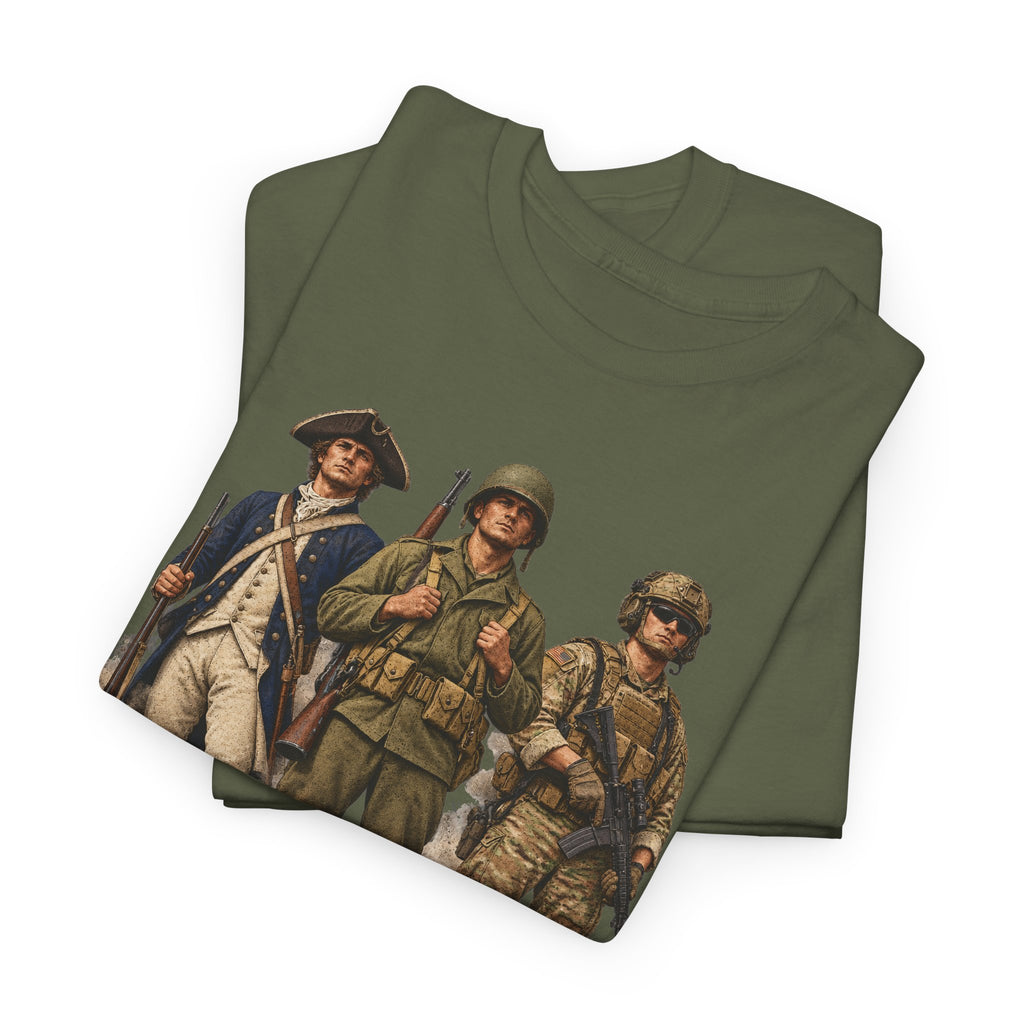 Olive T-shirt with vintage soldiers graphic on front, crew neck short sleeves.