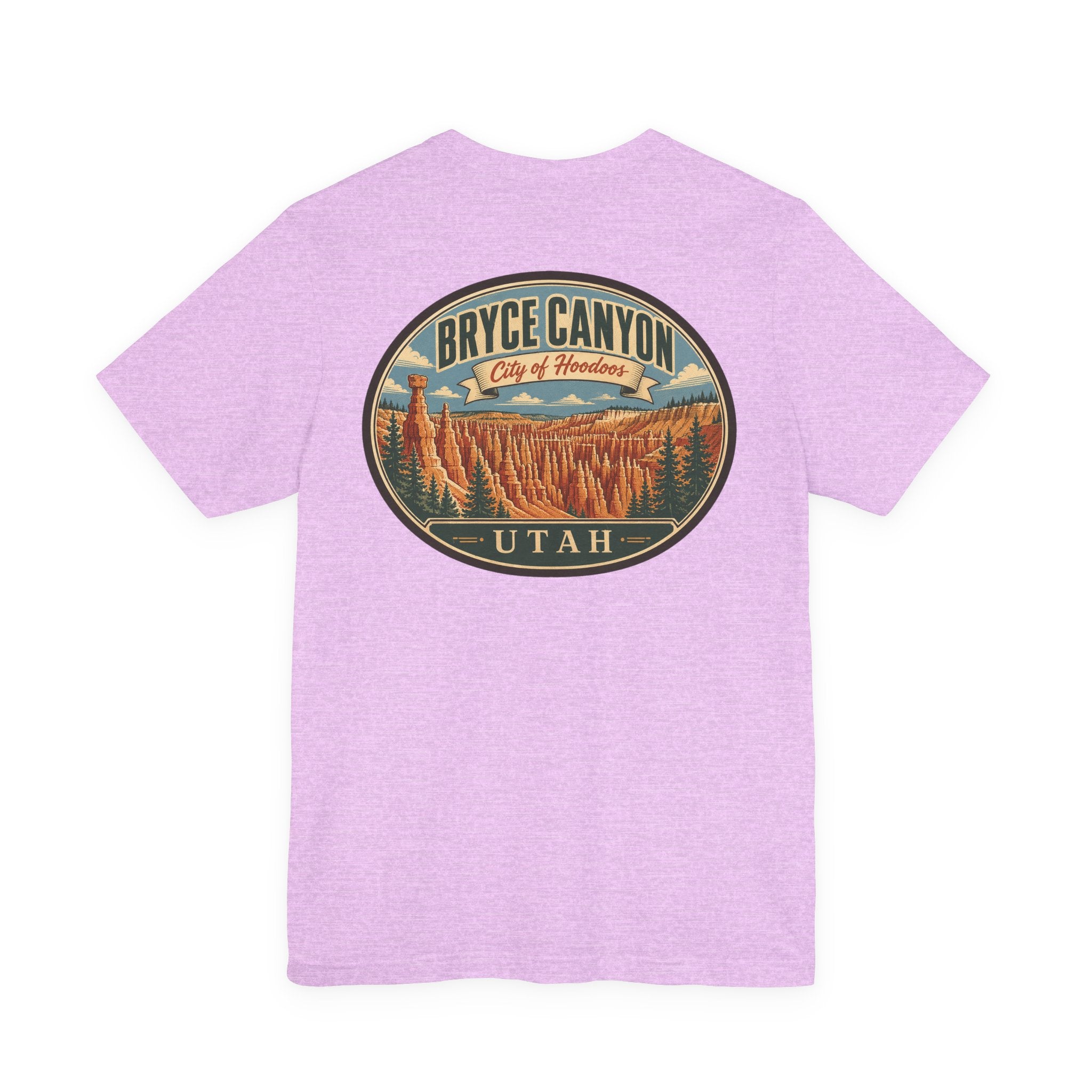 Light purple short-sleeve T-shirt with large centered circular Bryce Canyon UTAH graphic.