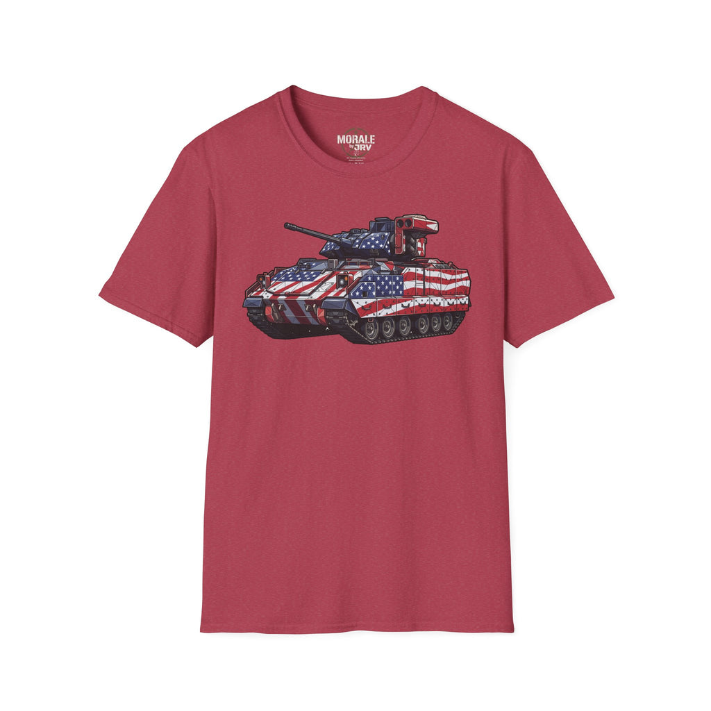 Heather Cardinal T-shirt with American-flag military tank graphic on the chest