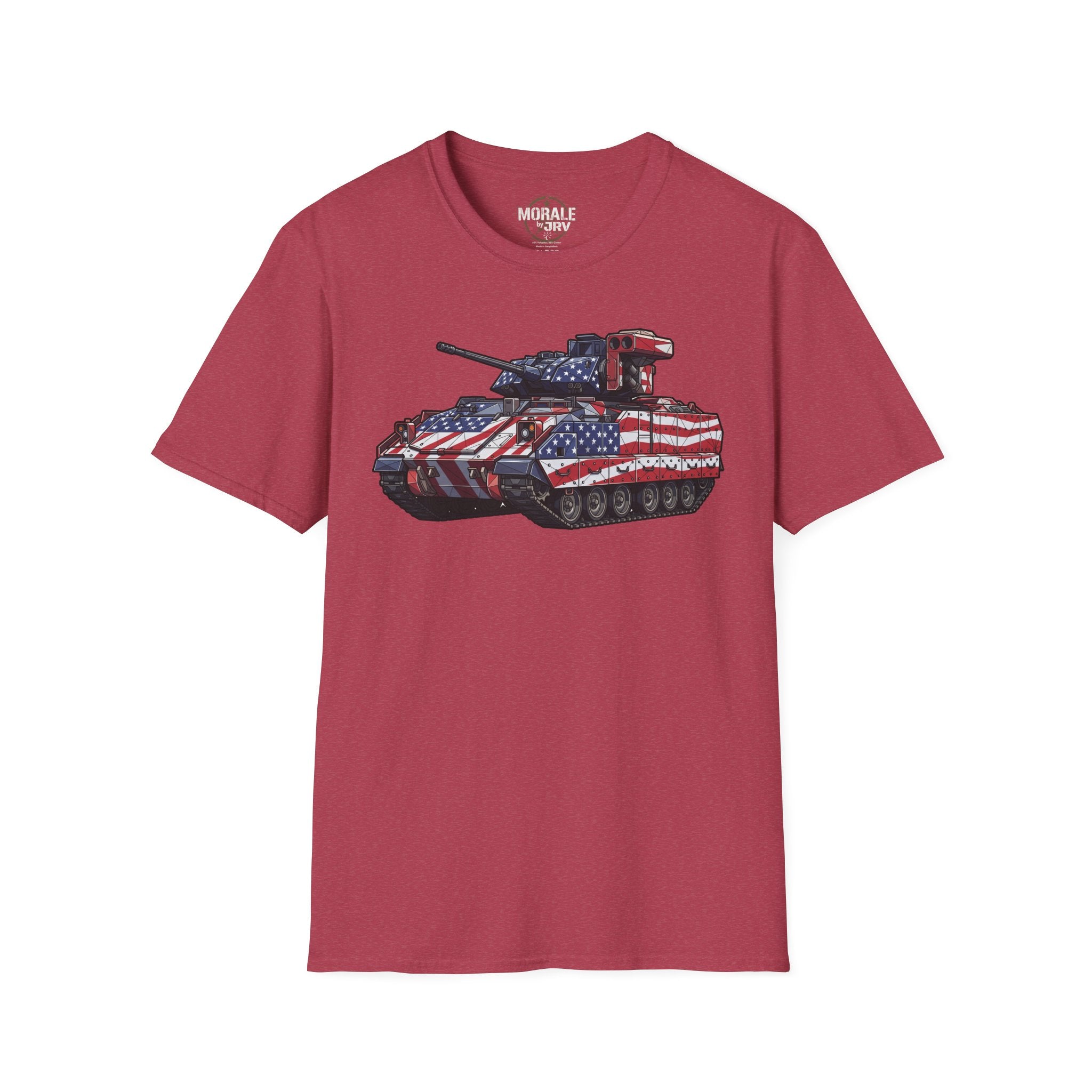 Heather Cardinal T-shirt with American-flag military tank graphic on the chest
