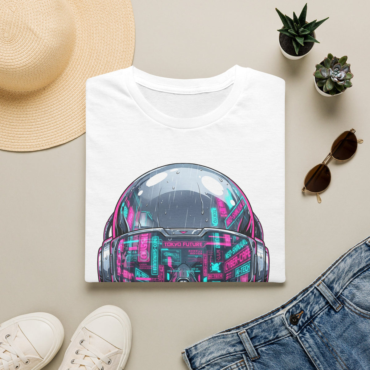 White t-shirt with neon cyber skull graphic visor on the chest