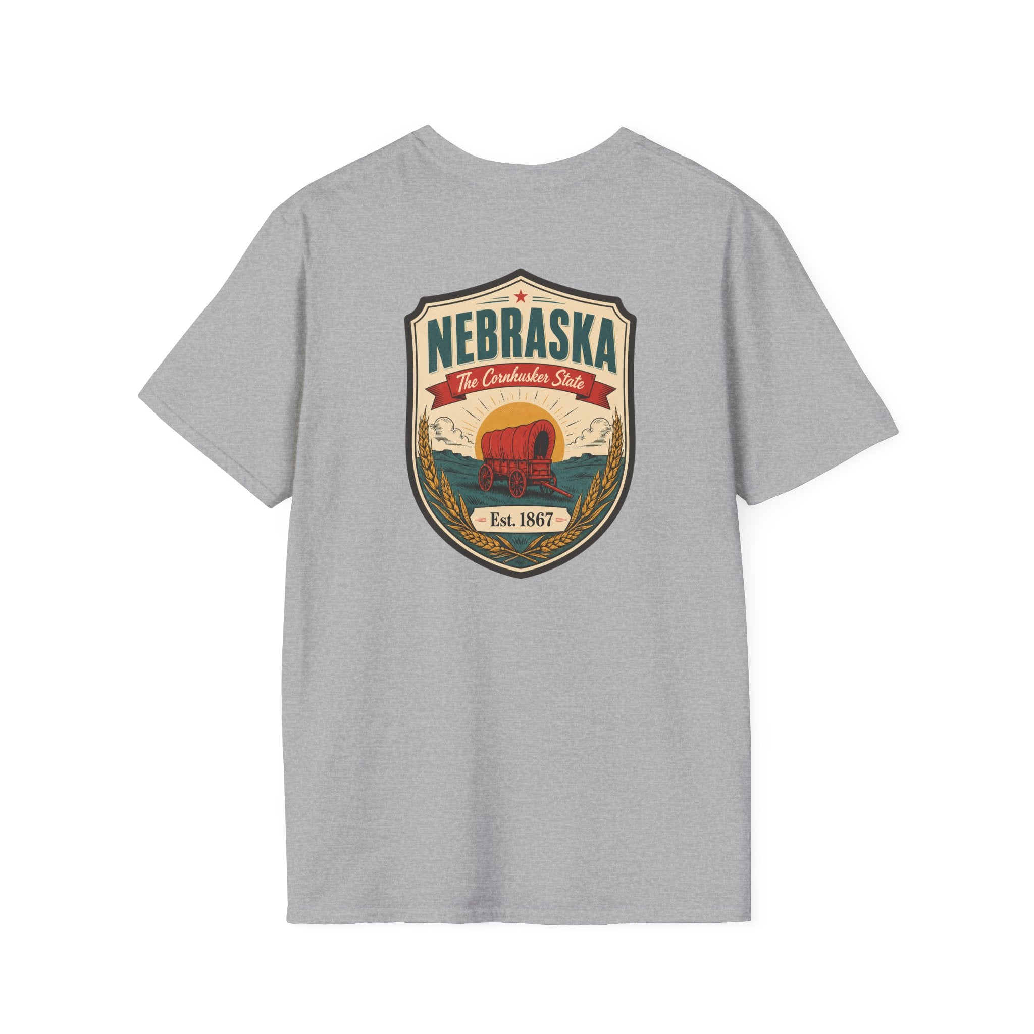 Light gray T-shirt with Nebraska shield graphic on front.