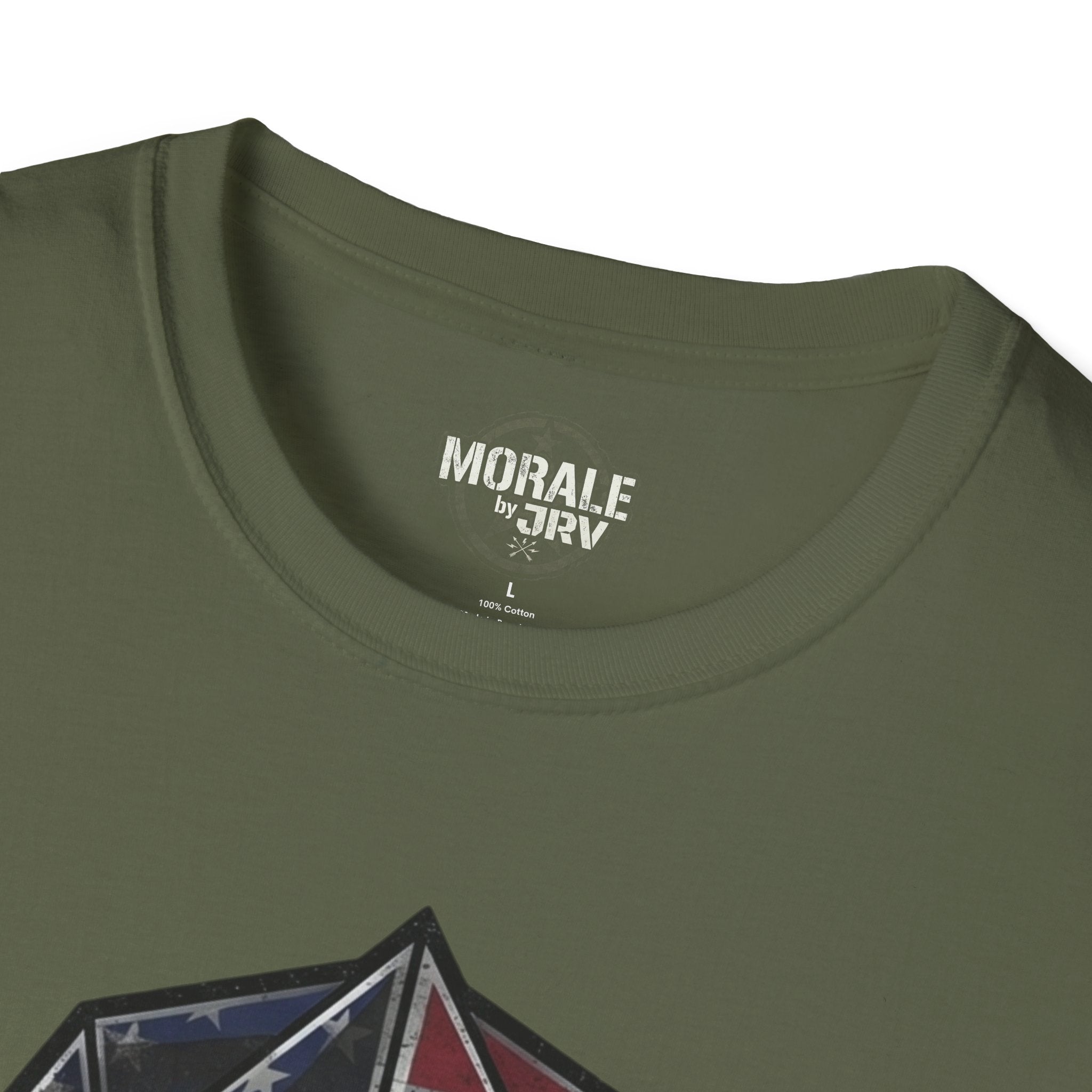 Military green t-shirt close-up of neck print and logo