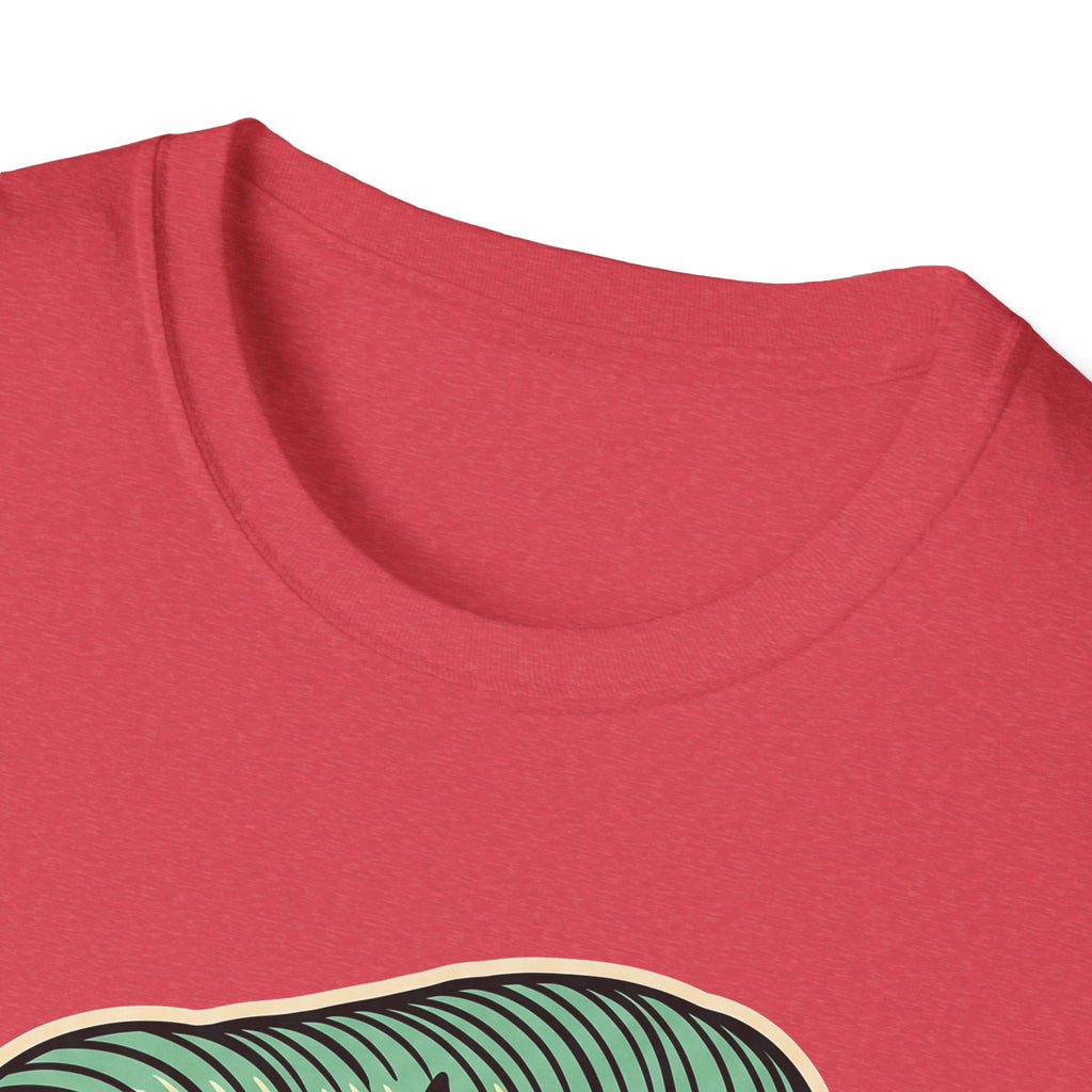 Rockabilly T-shirt neckline and graphic detail, heather red bandana skull artwork
