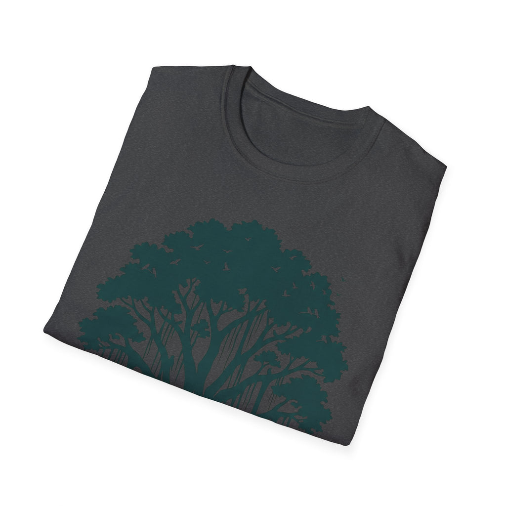 T‑Shirt dunkelgrau: Teilansicht der Baumkrone mit Vögeln
