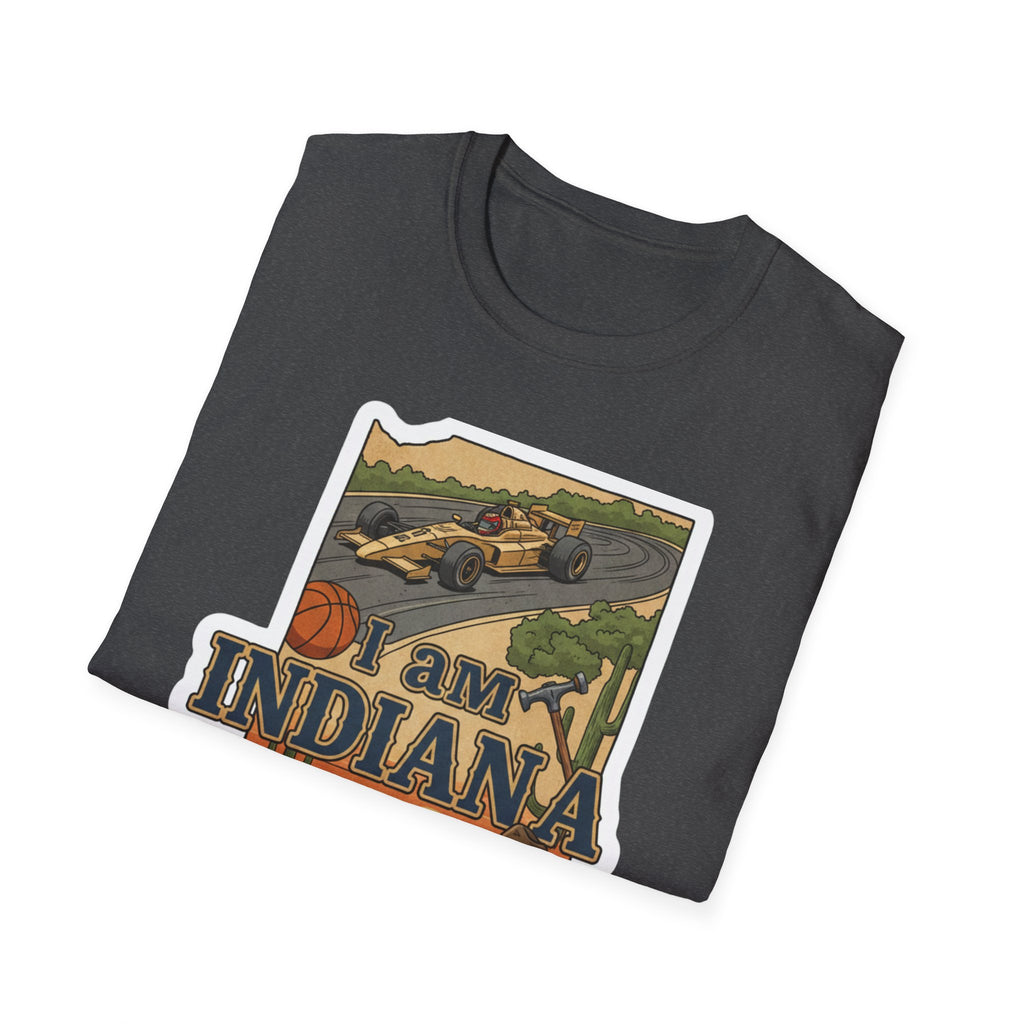 Military Green I am Indiana T-shirt with racing car, basketball and Indiana text graphic