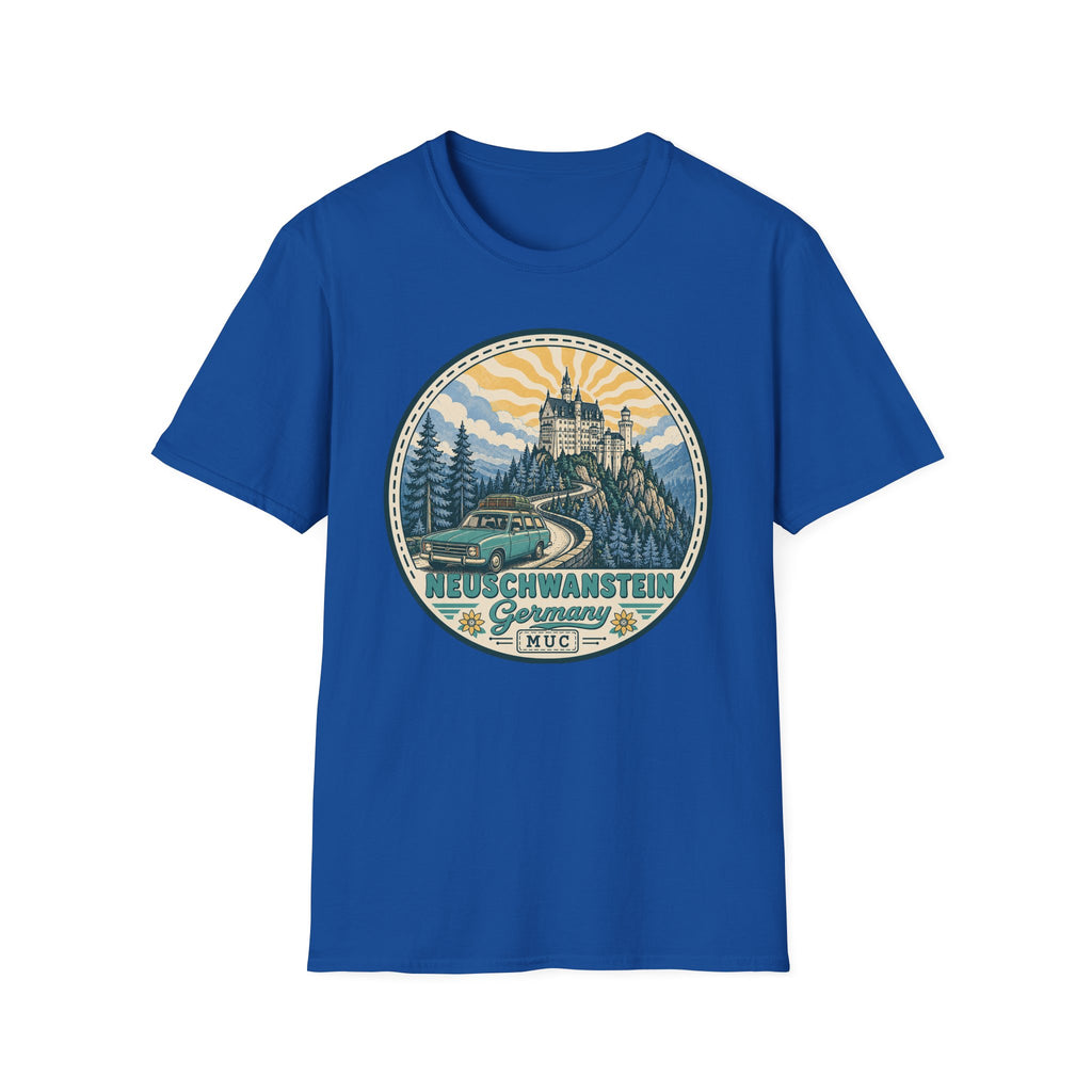 Royal blue T-shirt with round Neuschwanstein castle illustration graphic on the chest