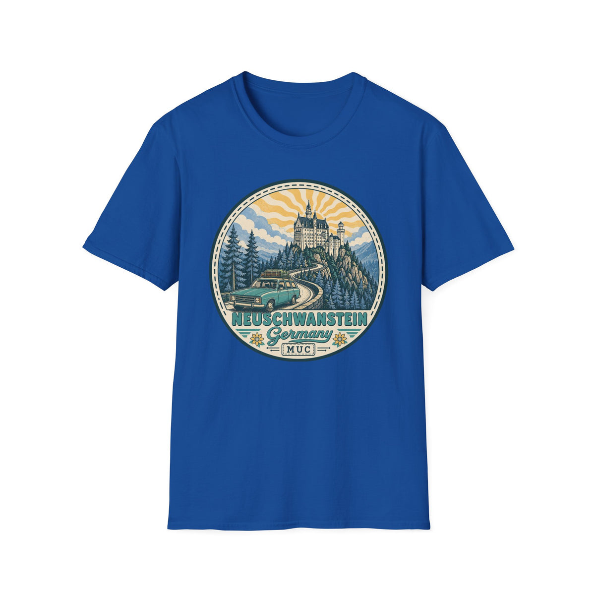 Royal blue T-shirt with round Neuschwanstein castle illustration graphic on the chest