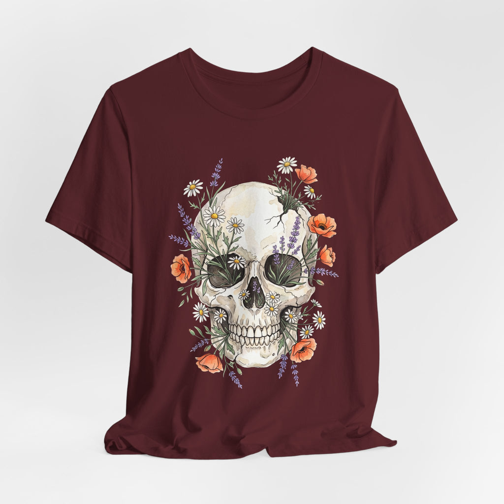 Floral Skull T-Shirt, maroon front with detailed skull framed by flowers and leaves