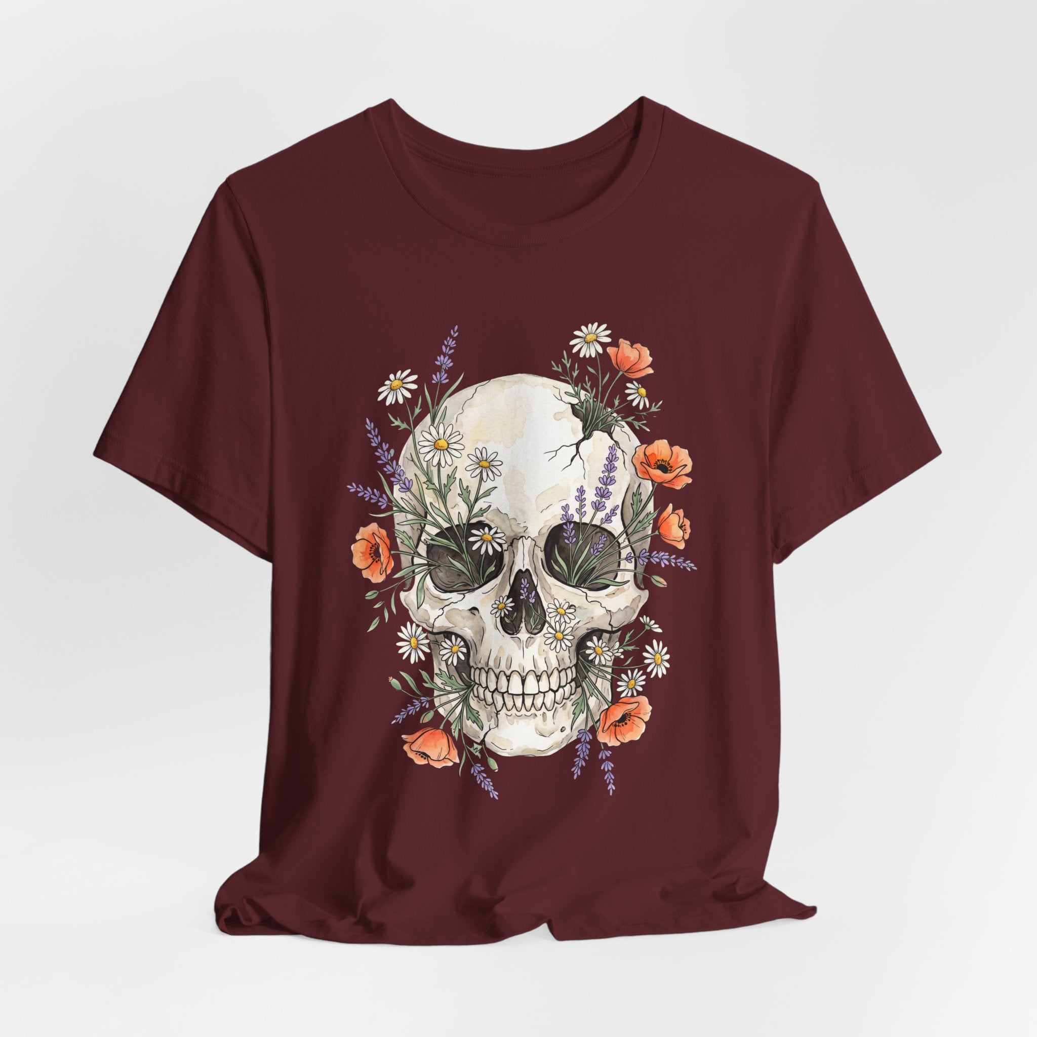 Floral Skull T-Shirt, maroon front with detailed skull framed by flowers and leaves