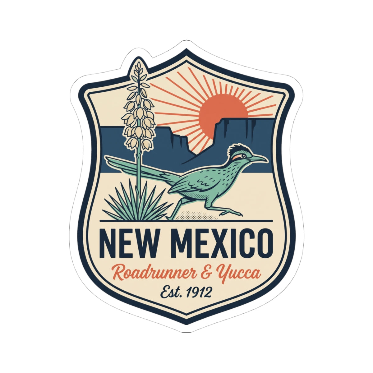 Shield vinyl decal featuring roadrunner bird, yucca plant, and “NEW MEXICO” lettering