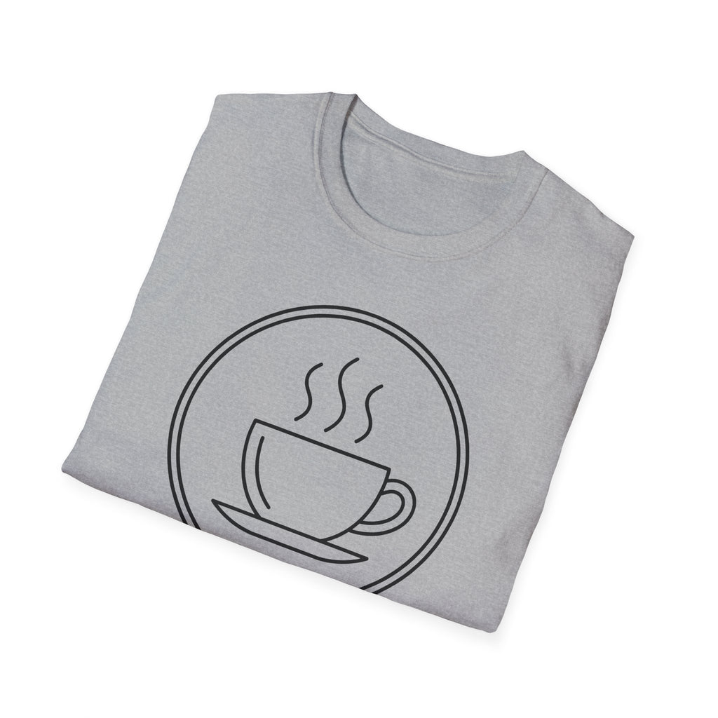 Heather grey crew-neck T-shirt with circular coffee mug line-art graphic