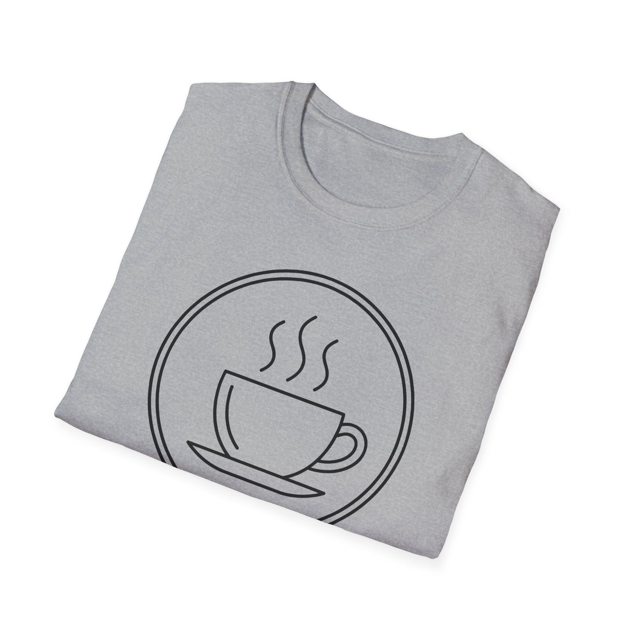 Heather grey crew-neck T-shirt with circular coffee mug line-art graphic