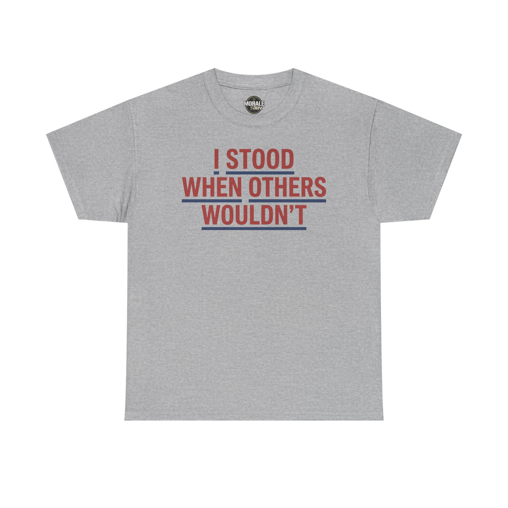 Light gray T-shirt with red and gray slogan graphic, crew neck