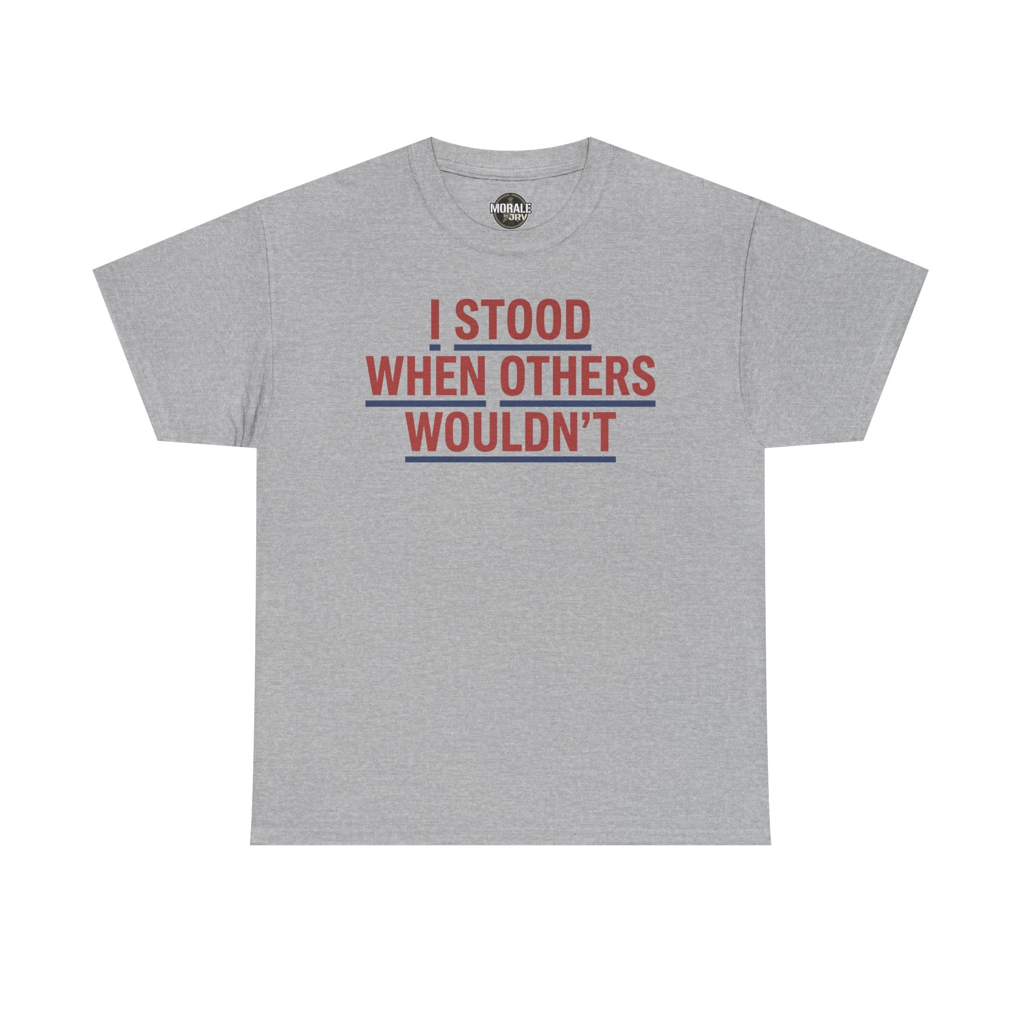 Light gray T-shirt with red and gray slogan graphic, crew neck