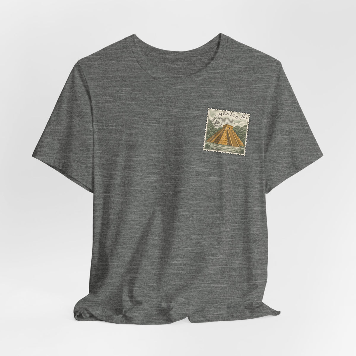 Dark gray heather crew-neck T-shirt with Mexico postage stamp graphic on chest